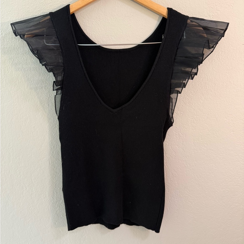 Urban Outfitters Black Knit Top w/ Sheer Flutter Sleeves Size M